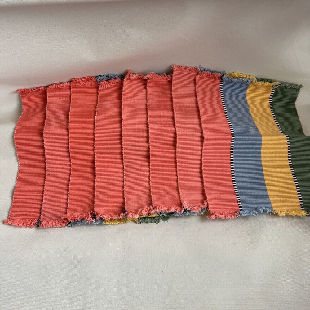 Set Of 8 Vintage Bright, Ribbed, Stripped Rectangular Placemats With Fringe
